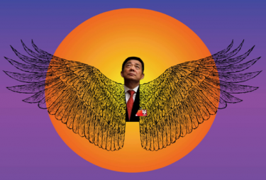 بو تشيلاي، سياسي صيني، على هيئة إيخاروس، من شخصيات الأساطير اليونانية، الذي أراد الاقتراب من الشمس بجناحين من شمع. المصدر: موقع beijingcream.com