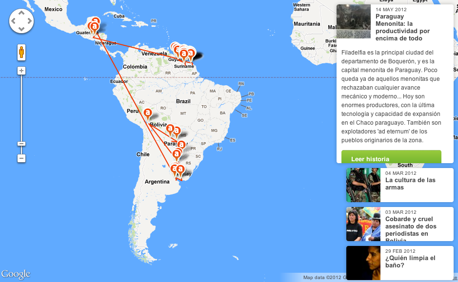 Interactive map routing trip through Latin America