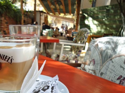 Enjoying a latte macchiato at the Shipja e Vjetër café in Prishtina 
