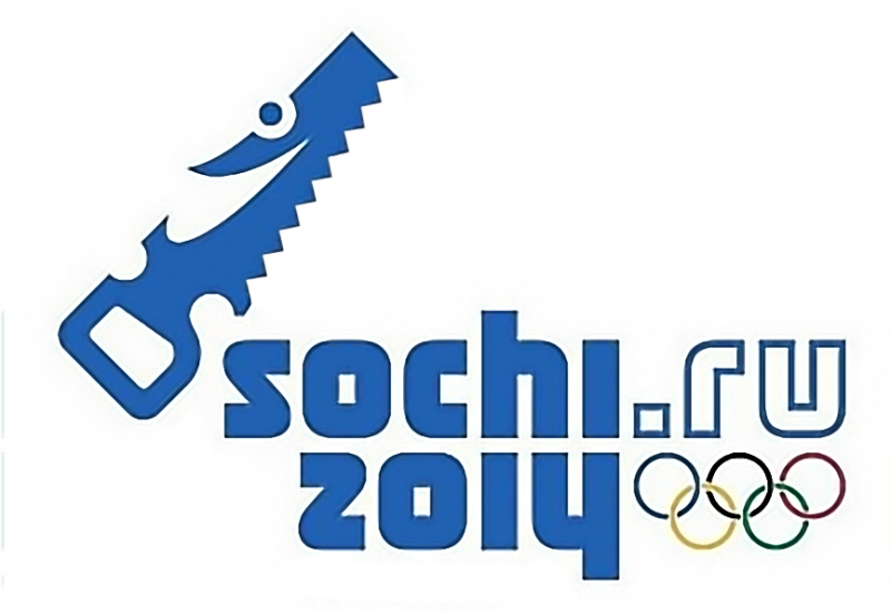 A photoshopped logo of the Sochi games with a saw mascot. In Russian, the verb "to saw" carries a meaning of "embezzlement." Anonymous image distributed online.