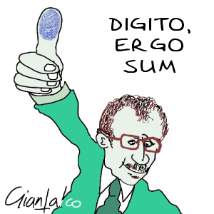 Caricatura di Roberto Maroni sulla raccolta delle impronte digitali dei bambini Rom