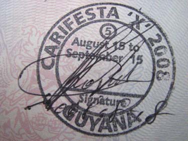 The special immigration stamp for visitors to Carifesta X in Guyana