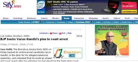 Imagen de pantalla del aviso de BJP en Sify News, un portal de noticias