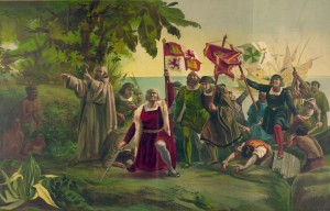 Primer desembarco de Colón en las costas del Nuevo Mundo. Pintura de Discoro Téofilo de la Puebla.