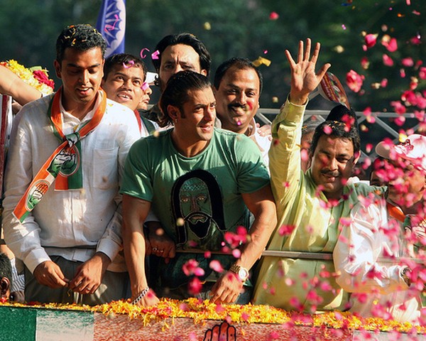 Salman Khan (center), a Bollywood super star, campaigns in support of Congress party candidate Milind Deora at a rally in Mumbai. 