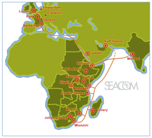 Seacom connects the eastern African coastline to Europe and Asia