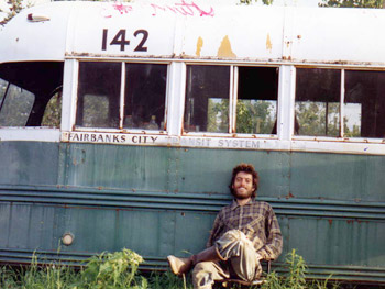 Christopher McCandless in the front of the "Magic Bus" (photo found undevelopped in his own camera)