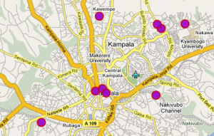 Da UgandaWitness.com, una mappa del centro di Kampara che illustra i luoghi dei disordini
