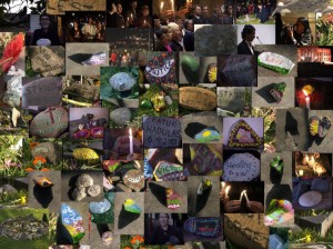 A mosaic of rocks written and painted by residents in Port Phillip to send condolences for the people of Suai. From suaimediaspace.ning.com