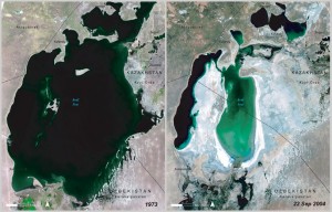 Imágenes de satélite del Mar de Aral, Kazajistán y Uzbekistán en 1973 y 2004