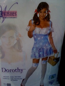 This Dorothy costume portrays Dorothy (of the Wizard of Oz) as a scantily-clad adult