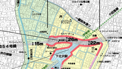 Planned route through Shimokitazawa (Urban Plan Subsidiary Route 54)