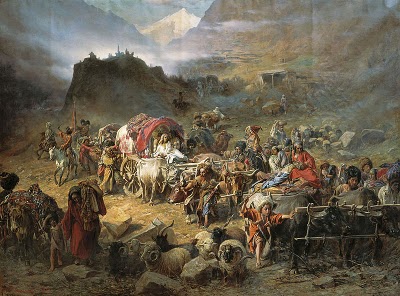The mountaineers leave the aul, by P. N. Gruzinsky, 1872