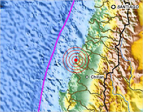 A map showing the location of the earthquake off the coast of Chile from the U.S. Geological Survey (via The Lede on NY Times)
