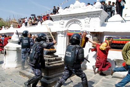 Lathi charge on Tibetan protest in Kathmandu. Image by Flickr user Buddha's Breakfast. Used under a Creative Commons License