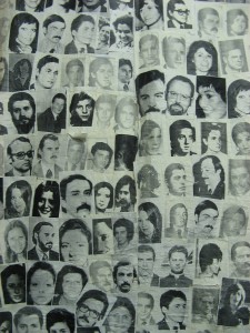 patchwork of black and white portraits of disappeared people