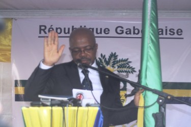 André Mba Obame swears himself in as 'President' of Gabon. Image by Jean-Pierre Rougou.