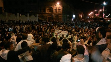 Jemenitische demonstranten in Sanaa eerder vanavond