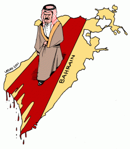 Rode loper voor de koning van Bahrein. Van de Braziliaanse illustrator Carlos Latuff.
