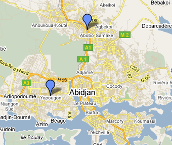 Map of Abidjan showing Abobo and Yopougon