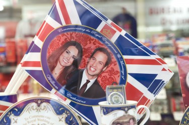Royal wedding flag souvenir for sale in a London shop