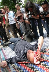 @ruslantrad: Muslim lying on the ground with a broken head after clashes in Sofia http://twitpic.com/502vuo