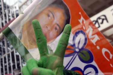 A victory sign is displayed by a party worker of Trinamool Congress after the poll result of West Bengal Assembly election 2011. Image by Arindam Dey. Copyright Demotix (13/5/2011)