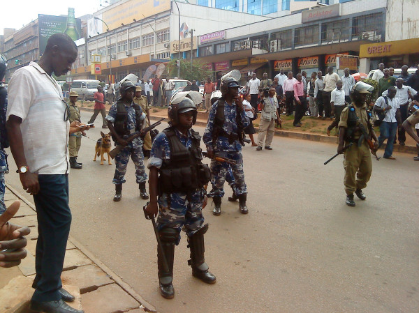 Police in Kampala blocking peaceful demonstrators. Photo courtesy of Twitter user @vote4africa.