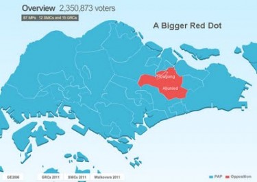 The Singapore opposition (red mark) gained five seats in the Parliament. Image from singaporesojourn.blogspot.com.