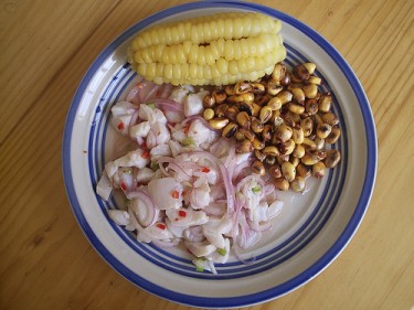 Peruvian Cebiche, with choclo and cancha. Image by David and Katarina on Flickr (CC BY 2.0).