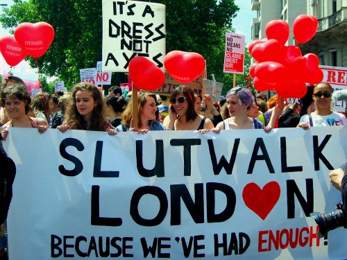 Slut Walk came to London as thousands of women marched demanding the right to wear what they choose. UK. Image by Upstream And Me, copyright Demotix (11/06/11).