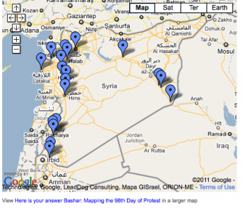 Een kaart van de protesten in Syrië na de toespraak van Assad