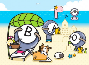 ABO blood types on a summer vacation: The B Type is seen as fully enjoying the moment, the Type A is putting quite a lot of effort into building a sand castle, and Type AB is located very far from the group. Image from Cartoonist Park's blog (CC BY NC ND).