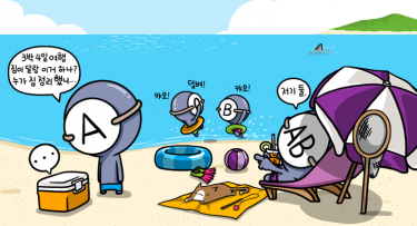 The most organised, Type A, softly complains about who packed the vacation baggage, Type AB points at Type O and B for lousy packing. Type O and B are busy playing in the sea. Image from Cartoonist Park's blog (CC BY NC ND).