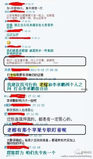 Screenshot of @piyaolianmeng online group discussion attacking online activists and bloggers. Marks indicate highlighted points or names covered up for purposes of privacy.