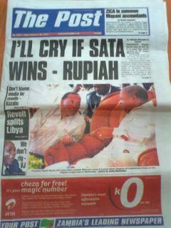 Front page of Zambian newspaper 'The Post'. Image from The Zambian Peoples PACT Facebook group.