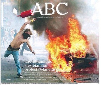 صفحة غلاف جريدة أيه بي سي، 16 من أكتوبر/تشرين الأول 2011- المتظاهرون السّاخطون يحتفلون باحتجاجاتهم العالميّة.