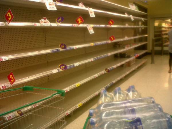 Empty shelves in a store during flooding. From twitter user @icetimicetim