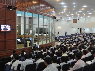 The ECCC court room on 20 July 2009 during testimony of former Khmer Rouge prison guard Him Huy. Courtesy of Extraordinary Chambers in the Courts of Cambodia.