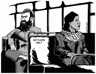 "Rosa Parks is ALIVE! Palestinians boarding settler-only bus to Jerusalem." Image by @CarlosLatuff