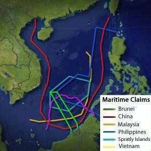 Rivendicazioni territoriali nelle acque del Mar Meridionale Cinese. Immagine disponibile su Wikipedia