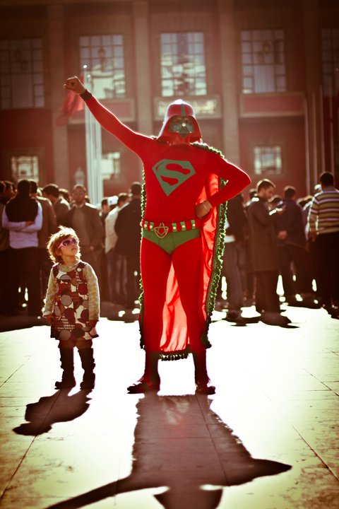 'Moroccan Superman' pausing in front of the parliament. Copyright Amine Hachimoto. Used with permission.
