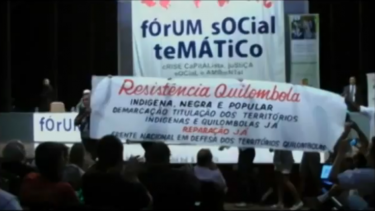 "Demarcation and titling of the indigenous and quilombola territories, now!" Direct action by the Resistência Quilombola in the no Fórum Social Temático in Porto Alegre, January de 2012. (link to a video by Coletivo Catarse)