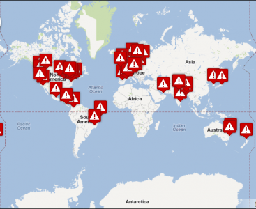 Mapa de las vigilias mundiales en solidaridad con los tibetanos el 8 de febrerp de 2012..