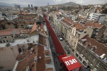 Red chairs are displayed along Sarajevo's main street as the city marks the 20th anniversary of the start of the Bosnian War. 11541 red chairs represent the 11,541 Sarajevans who were killed in the 1992-1995 siege of Sarajevo. Photo by SULEJMAN OMERBASIC, copyright © Demotix (04/06/12)