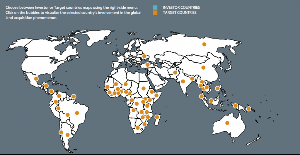 Mapa docelowych krajów transakcji gruntów stworzona przez projekt Land Matrix