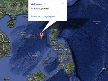 I <em>netizen</em> filippini hanno condiviso da Google Maps questa cartina dell'atollo di Scarborough per evidenziare la sua vicinanza alle Filippine.