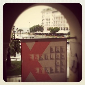 At TEDx Thessaloniki, looking out on a rainy day. Photo by Maria Mouzakiti on Instagram, used by permission