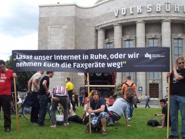 "Let our Internet in peace, or we will take your fax-machines away" - activists at the demonstration on June 6, 2012. Photo by Kasia Odrozek