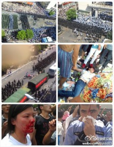 A Twitter user bridged photos from Weibo to show the difference between the scale of violence used by the State and by the Qidong protesters.